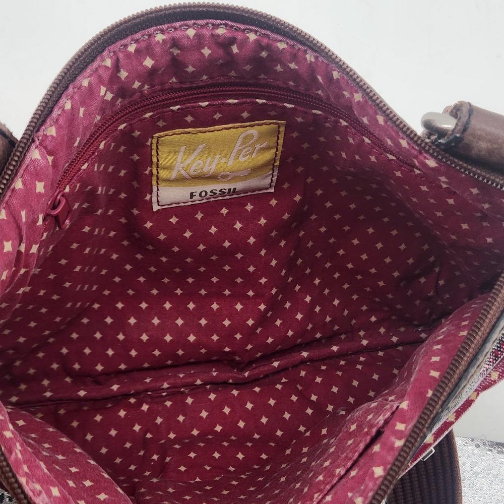 Fossil Key-Per Crossbody Bag Multi Color Coated Canvas Knit Print Small Purse - Picture 7 of 14